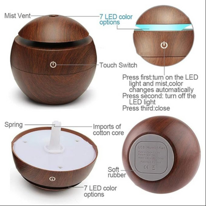 Wood Grain Mini Circle Humidifier 130ml – Compact & Stylish