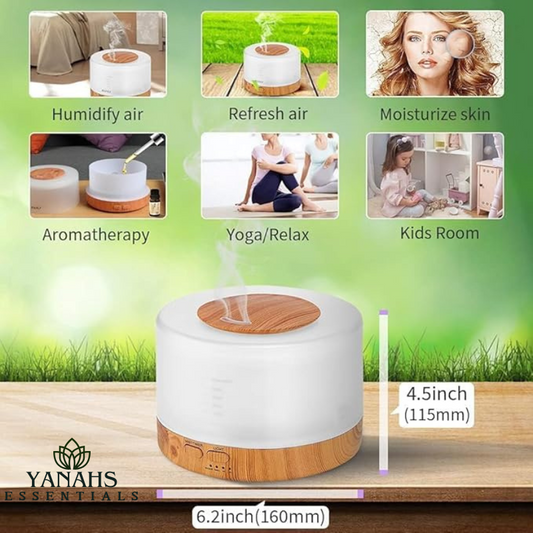 500ml Ultrasonic Wood Circle Humidifier with Timing, 7-Color Light, and Remote Control