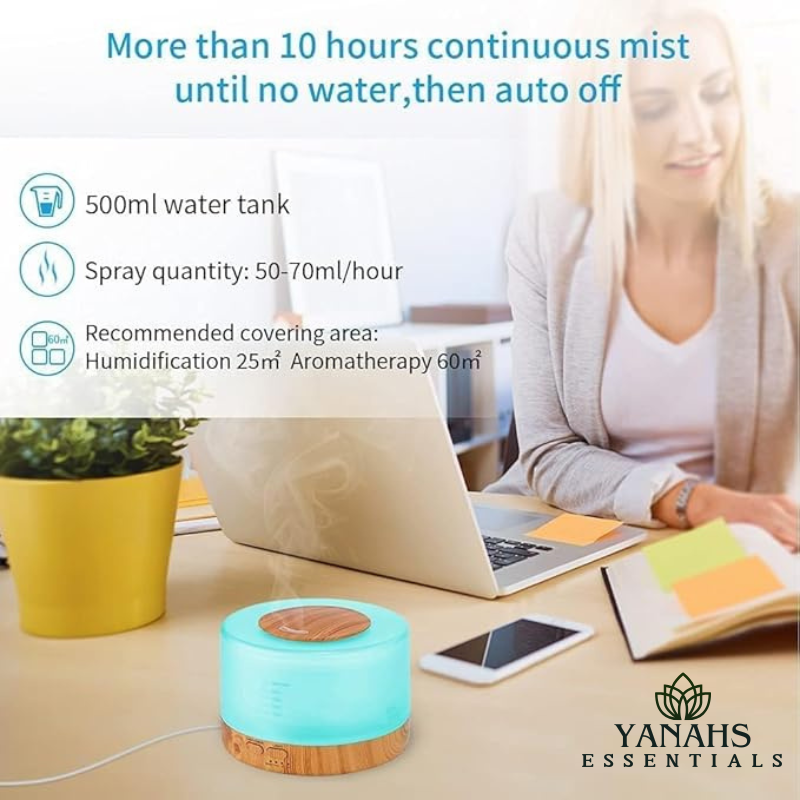 500ml Ultrasonic Wood Circle Humidifier with Timing, 7-Color Light, and Remote Control